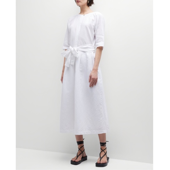 VINCE Linen-Cotton Belted Boat Neck Dress in Optic White Size Medium M - Picture 2 of 7